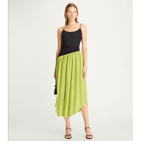 Tory Burch Colorblock Chiffon Skirt Lime with Silver Metallic Detail Size 4 - Picture 1 of 14